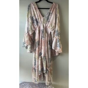 ONETHELAND Floral Midi Dress Womens Large Pink Sage Green Excellent Smocked Boho